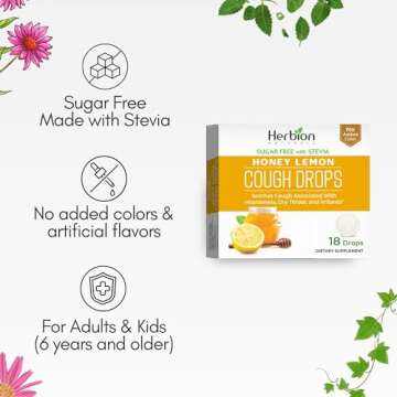 Herbion Naturals Cough Drops with Natural Honey Lemon Flavor, Sugar-Free with Stevia, Dietary Supplement, Soothes Cough, for Adults and Children Over 6 Years, 18 Drops, No Artificial Flavor or Color.