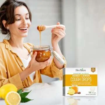 Herbion Naturals Cough Drops with Natural Honey Lemon Flavor, Sugar-Free with Stevia, Dietary Supplement, Soothes Cough, for Adults and Children Over 6 Years, 18 Drops, No Artificial Flavor or Color.