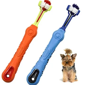TIHOOD Three Sided Pet Toothbrush for Dogs and Cats - Gentle Cleaning & Bad Breath Relief - Blue and...