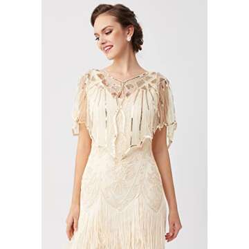 BABEYOND 1920s Shawl Wraps Sequin Beaded Evening Cape Bridal Shawl Bolero Flapper Cover Up (Beige)
