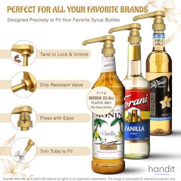 HANDIT Gold Coffee Syrup Pumps | Fits Popular Syrup Bottles | 6 Pack