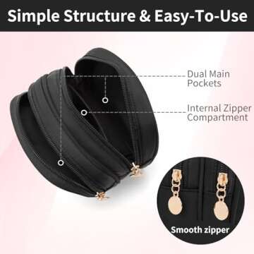 XIAOLER Small Makeup Pouch, Double Zipper Cosmetic Bag, Travel Makeup Bag, Cute Makeup Bag for Purse, Mini Toiletry Bag (Black)