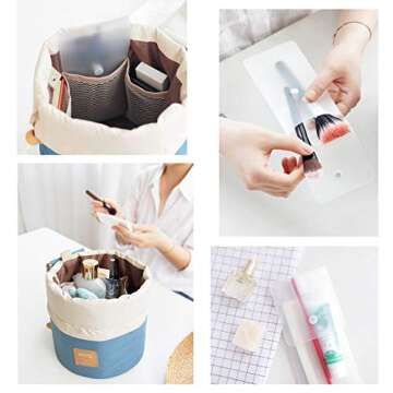 INVODA 4PCS Cosmetic Bag 4 Pieces Barrel Shaped Travel Makeup Bags Large Capacity Soft Waterproof Portable Drawstring Cosmetic Bag Multifunctional Bucket Toiletry Bag (Green+Pink+Blue+Red)