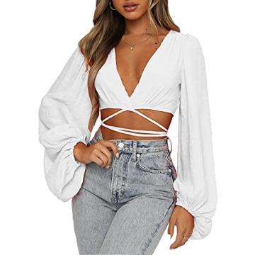 LYANER Women's Stylish Wrap V Neck Crop Blouse for Summer
