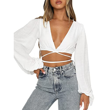 LYANER Women's Stylish Wrap V Neck Crop Blouse for Summer