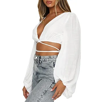 LYANER Women's Stylish Wrap V Neck Crop Blouse for Summer