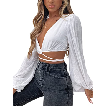 LYANER Women's Stylish Wrap V Neck Crop Blouse for Summer