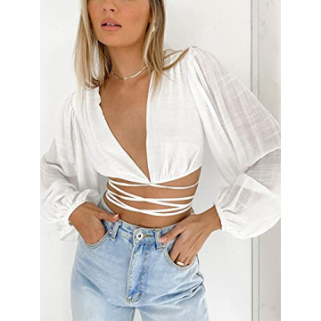 LYANER Women's Stylish Wrap V Neck Crop Blouse for Summer