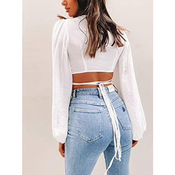 LYANER Women's Stylish Wrap V Neck Crop Blouse for Summer