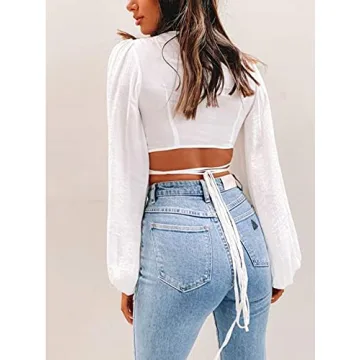 LYANER Women's Stylish Wrap V Neck Crop Blouse for Summer