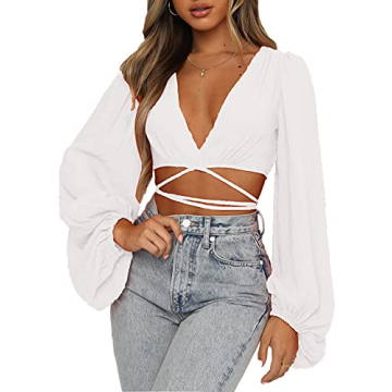 LYANER Women's Stylish Wrap V Neck Crop Blouse for Summer