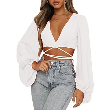 LYANER Women's Stylish Wrap V Neck Crop Blouse for Summer