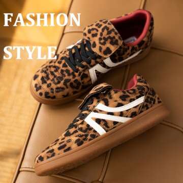 Rosella Carlie Women's Walking Sneakers Tennis Flat Low-Top Lace-Up Val Comfortable Casual Athletic Non-Slip Running Fashion Sneakers Shoes Leopard 8.5