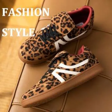 Rosella Carlie Women's Walking Sneakers Tennis Flat Low-Top Lace-Up Val Comfortable Casual Athletic Non-Slip Running Fashion Sneakers Shoes Leopard 8.5
