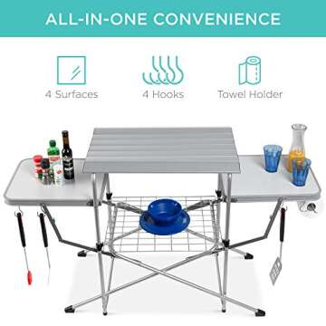 Best Choice Products Portable Folding Grill Table, Outdoor Food Prep Station, Picnic Stand for Camping, Tailgate, Beach w/ 4 Utility Hooks, Carrying Case, Silver