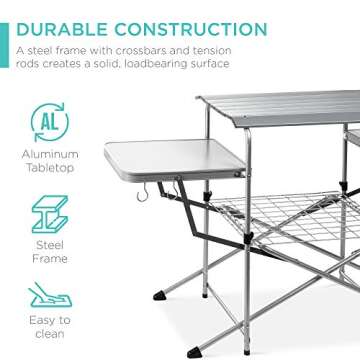 Best Choice Products Portable Folding Grill Table, Outdoor Food Prep Station, Picnic Stand for Camping, Tailgate, Beach w/ 4 Utility Hooks, Carrying Case, Silver