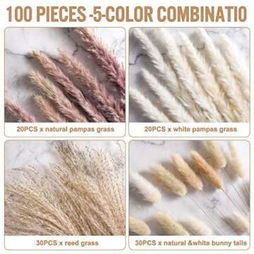 100 PCS Dried Pampas Grass Decor, White Pampas Grass,Natural Pampas Grass,Reed Grass, and Dried Bunny Tails for Home Decor, Boho Decor and Wedding Flower Arrangements（Without Pampas Grass vase）