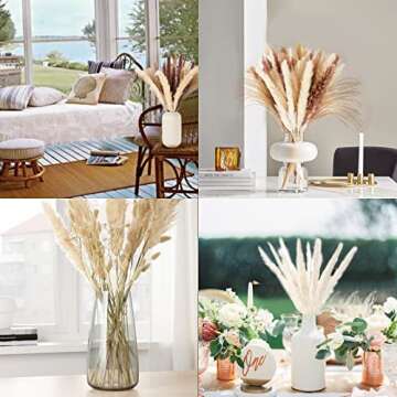 100 PCS Dried Pampas Grass Decor, White Pampas Grass,Natural Pampas Grass,Reed Grass, and Dried Bunny Tails for Home Decor, Boho Decor and Wedding Flower Arrangements（Without Pampas Grass vase）