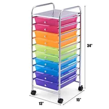Happygrill 10 Drawer Rolling Cart, Utility Storage Organizer Cart, Rolling Storage Cart with Wheels for Classroom, Office, School, Home, Rainbow