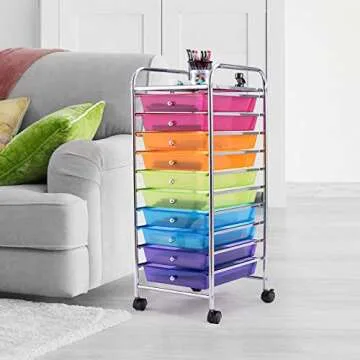 Happygrill 10 Drawer Rolling Cart, Utility Storage Organizer Cart, Rolling Storage Cart with Wheels for Classroom, Office, School, Home, Rainbow