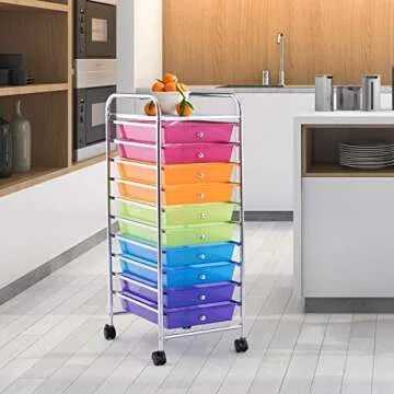 Happygrill 10 Drawer Rolling Cart, Utility Storage Organizer Cart, Rolling Storage Cart with Wheels for Classroom, Office, School, Home, Rainbow