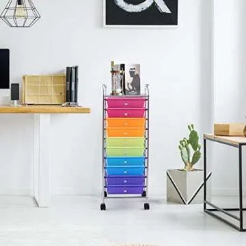 Happygrill 10 Drawer Rolling Cart, Utility Storage Organizer Cart, Rolling Storage Cart with Wheels for Classroom, Office, School, Home, Rainbow