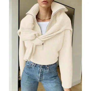 BTFBM Women’s Casual Long Sleeve Half Zip Pullover Sweaters Solid V Neck Collar Ribbed Knitted Loose Slouchy Jumper Tops(Solid White, Small)