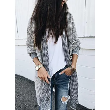 Sidefeel Womens Cardigan Plaid Open Front Chunky Knit Oversized Long Cardigan Sweaters Winter Coats Gray Large