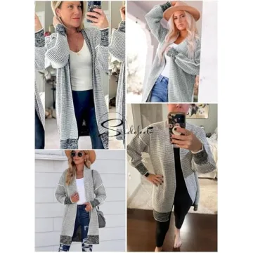 Sidefeel Womens Cardigan Plaid Open Front Chunky Knit Oversized Long Cardigan Sweaters Winter Coats Gray Large