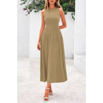 PRETTYGARDEN Women's Summer Midi Dresses 2025 Sleeveless Crewneck Knit A Line Pleated Swing Wedding Guest Casual Tank Dress(Camel,Small)