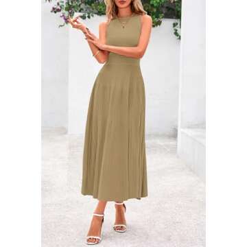 PRETTYGARDEN Women's Summer Midi Dresses 2025 Sleeveless Crewneck Knit A Line Pleated Swing Wedding Guest Casual Tank Dress(Camel,Small)