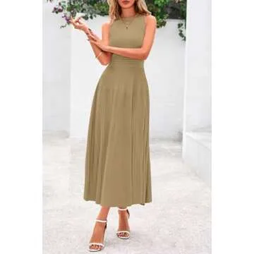PRETTYGARDEN Women's Summer Midi Dresses 2025 Sleeveless Crewneck Knit A Line Pleated Swing Wedding Guest Casual Tank Dress(Camel,Small)