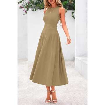 PRETTYGARDEN Women's Summer Midi Dresses 2025 Sleeveless Crewneck Knit A Line Pleated Swing Wedding Guest Casual Tank Dress(Camel,Small)