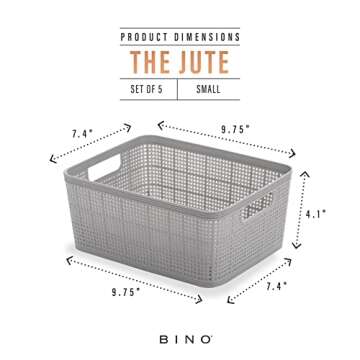 BINO | Woven Plastic Basket | Small (Light Grey), 5-Pack | THE JUTE COLLECTION | Home Organization, Space - Saving Storage, Stylish Design | Jute Basket | Plastic Storage Basket