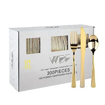 WDF 300 Pieces Gold Plastic Silverware Set - Heavy Duty Disposable Cutlery for Parties