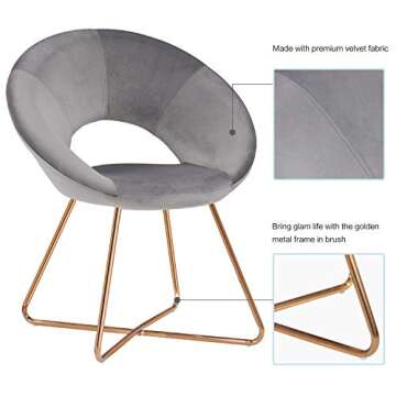 DUHOME Modern Accent Velvet Chairs Dining Chairs Single Sofa Comfy Upholstered Arm Chair Living Room Furniture Mid-Century Leisure Lounge Chairs with Golden Metal Frame Legs 1 PCS Grey