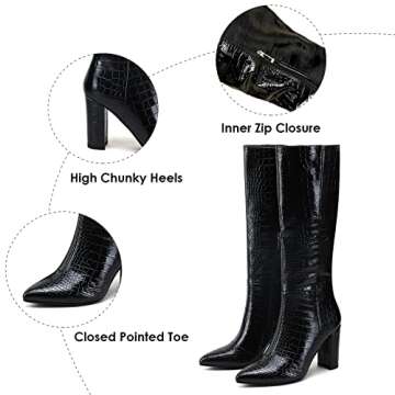 Modatope Knee High Boots Women Chunky Heel Black Boots Riding Boots Faux Crocodile Boots Calf High Boots Pointed Toe Boots Size 6