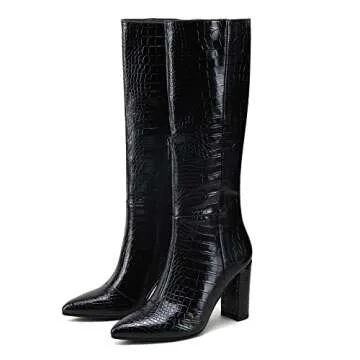 Modatope Knee High Boots Women Chunky Heel Black Boots Riding Boots Faux Crocodile Boots Calf High Boots Pointed Toe Boots Size 6