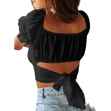 Avanova Women's Back Tie Ruffle Sleeve Crop Top Black