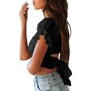 Avanova Women's Back Tie Ruffle Sleeve Crop Top Black