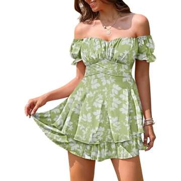 Linsery Off Shoulder Floral Printed Boho Romper Women Ruffle Chiffon Strapless Summer Mini Jumpsuits Green XL