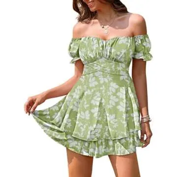 Linsery Off Shoulder Floral Printed Boho Romper Women Ruffle Chiffon Strapless Summer Mini Jumpsuits Green XL