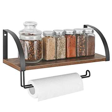 Paper Towel Holder with Shelf Storage, Wall Mount 2-in-1 Kitchen Paper Roll Towel Holder Rustic Farmhouse Under Cabinet Spice Rack for Kitchen Pantry Bathroom Organizer Storage