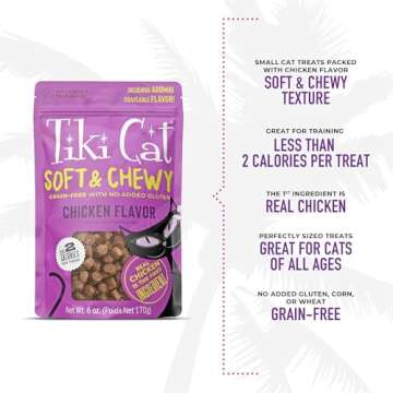 Tiki Cat Soft & Chewy Treats, Chicken Flavor, 3 Calories Per Treat with Grain-Free and No Added Gluten, 6 oz Pouch (Pack of 1)