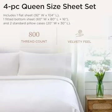 Threadmill Luxury Queen Sheet Set 800 Thread Count for Queen Size Bed - Hotel White Sateen Queen Bed...