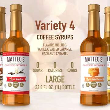 Matteo's Barista Style Sugar-Free Coffee Syrup, 4 Flavour Variety Pack, Zero Calories and Sugar, Ket...