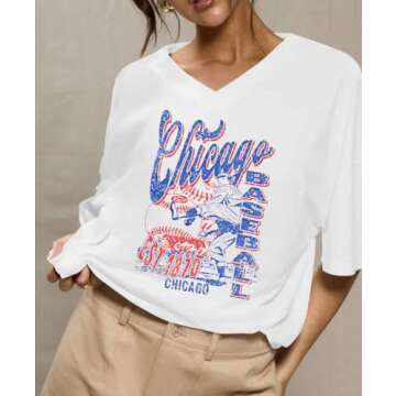 Oversized Chicago Baseball Shirt Women Baseball Mama Tops Chicago Fan V Neck Short Sleeve Shirt White