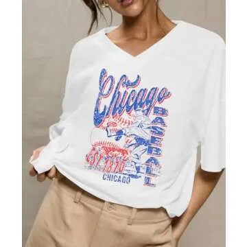 Oversized Chicago Baseball Shirt Women Baseball Mama Tops Chicago Fan V Neck Short Sleeve Shirt White