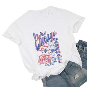 Oversized Chicago Baseball Shirt Women Baseball Mama Tops Chicago Fan V Neck Short Sleeve Shirt White