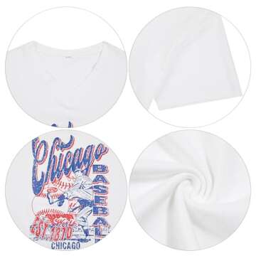 Oversized Chicago Baseball Shirt Women Baseball Mama Tops Chicago Fan V Neck Short Sleeve Shirt White
